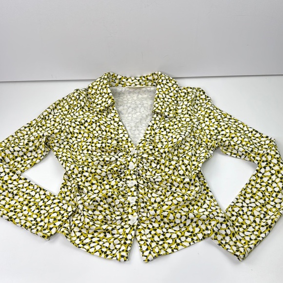 Maeve by Anthropologie Mango Green and Cream Ruched Button Down Shirt - Picture 7 of 12